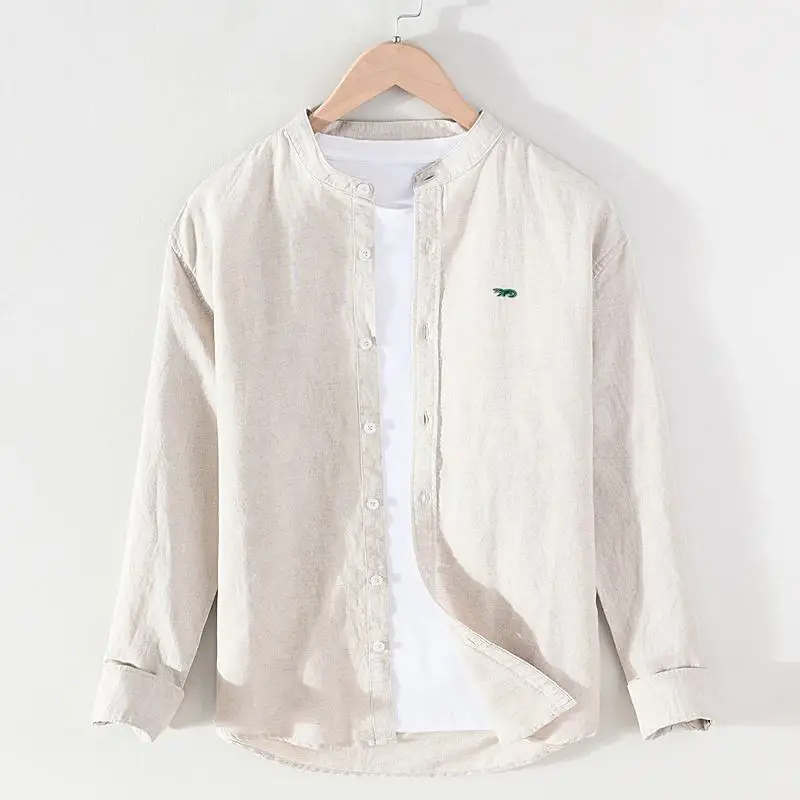 High Quality Embroidery-Logo Mens Shirts Solid Color Slim Fit Casual Long Sleeve Linen Cotton Shirts Hommes Blouse Male Tops
