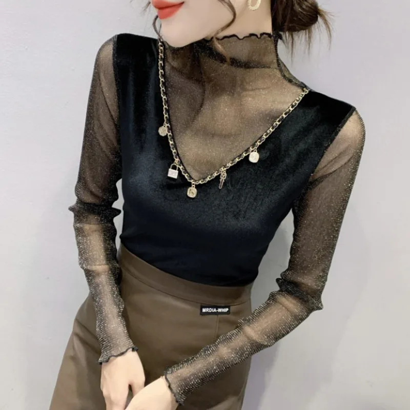 

#9487 Black Velvet Spliced Gauze T Shirt Women With Chain Sexy Basic Turtleneck T Shirt Female Slim Long Sleeved T Shirt Slim