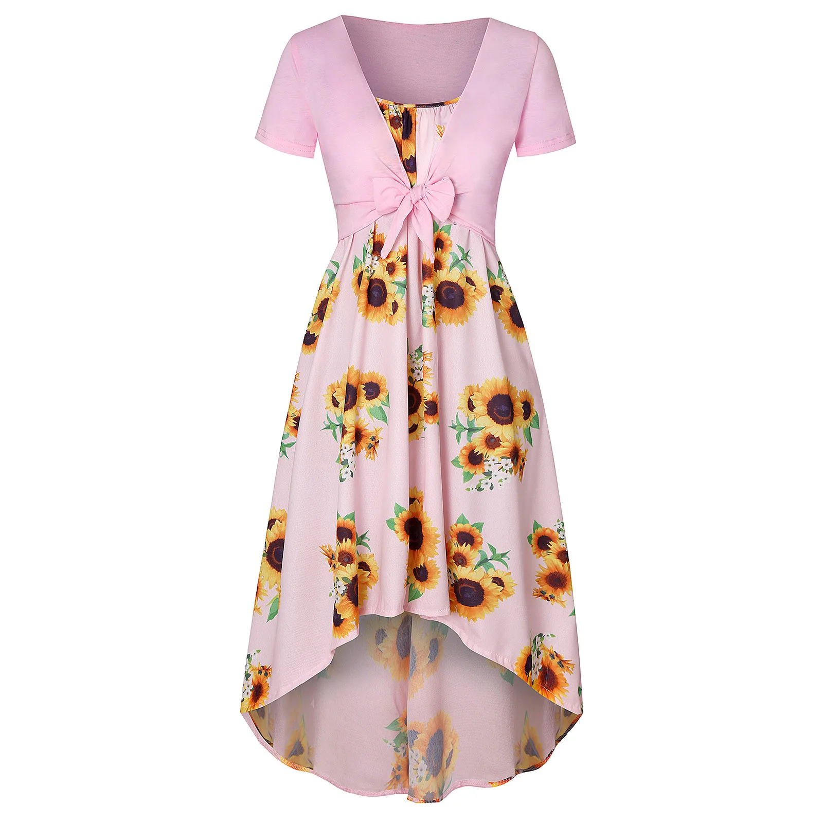 

Women Fashion Casual Vintage Sunflower Print Sleeve V-Neck Swing Dress 2021
