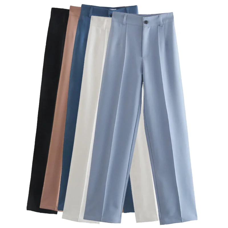 

SheBlingBling 2021 ZA Women Pant Casual High Waist Chic Office Ladies Female Elegant Beige Black Straight Suit Pants Trousers