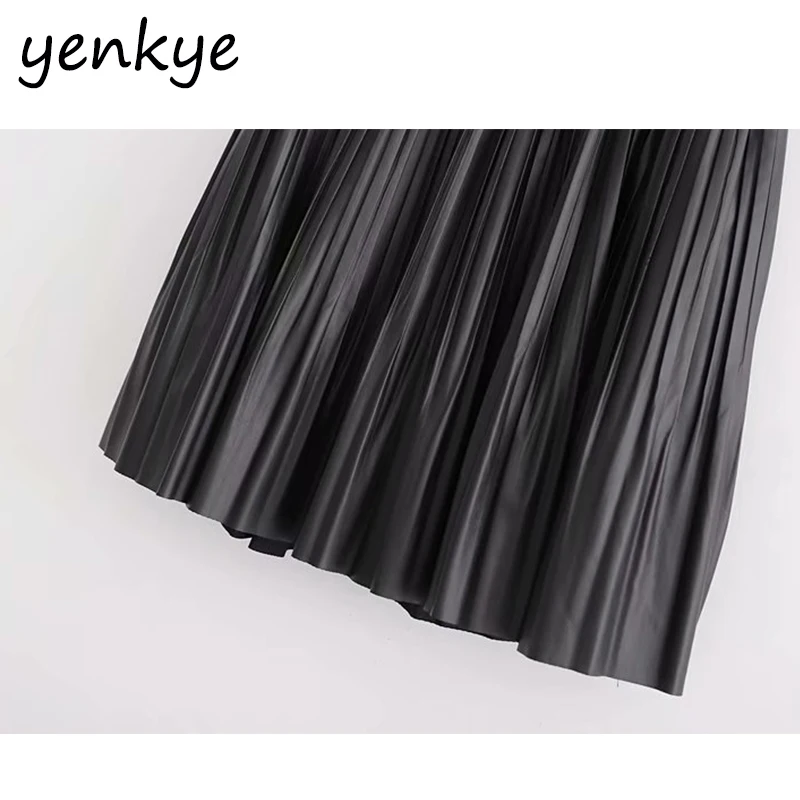 Винтажная юбка черная юбка из искусственной кожи Модная эластичная плиссированная юбка с высокой талией mujer moda XDWM2553