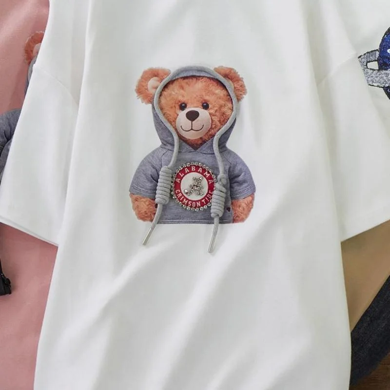 

2021 Summer Commuter Cartoon Bear 65 Polyester Fiber 30 Cotton 5 Spandex Loose Printed Short-sleeved T-shirt for Men and Women