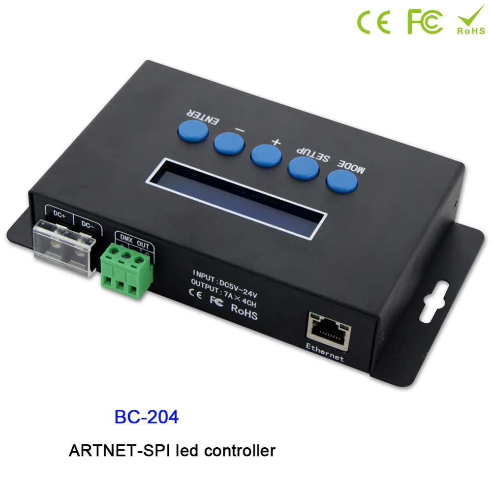 

BC-204;Artnet to SPI/DMX pixel light controller;Eternet protocol input;680pixels*4CH+ One port(1X512 Channels) output;DC5V-24V