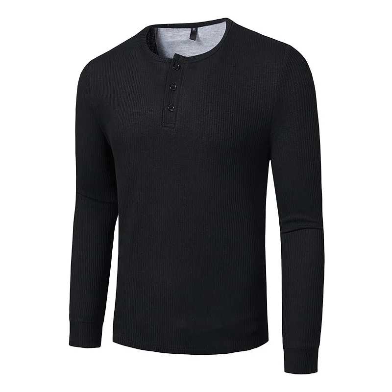 

Fashion Waffle Cotton T Shirt Men Nice Autumn New Slim Fit Long Sleeve Henley Tshirt Men Streetwear Casual Solid Color T-shirt