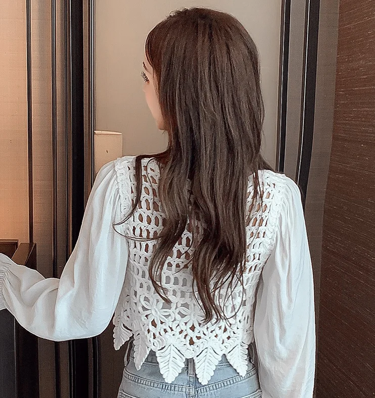 

New Autumn Spring Short design Women Tops Flare sleeve Hollow out blouse Patchwork Sweet Lady shirt