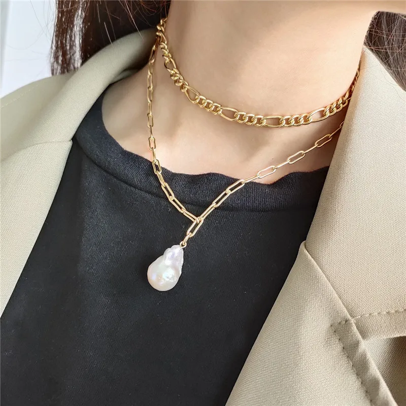 

RUIYI Real 100% 925 Sterling Silver Handmade Big Chain Women Fashion Chokers Geometric Irregular Pearl Pendant Short Necklaces