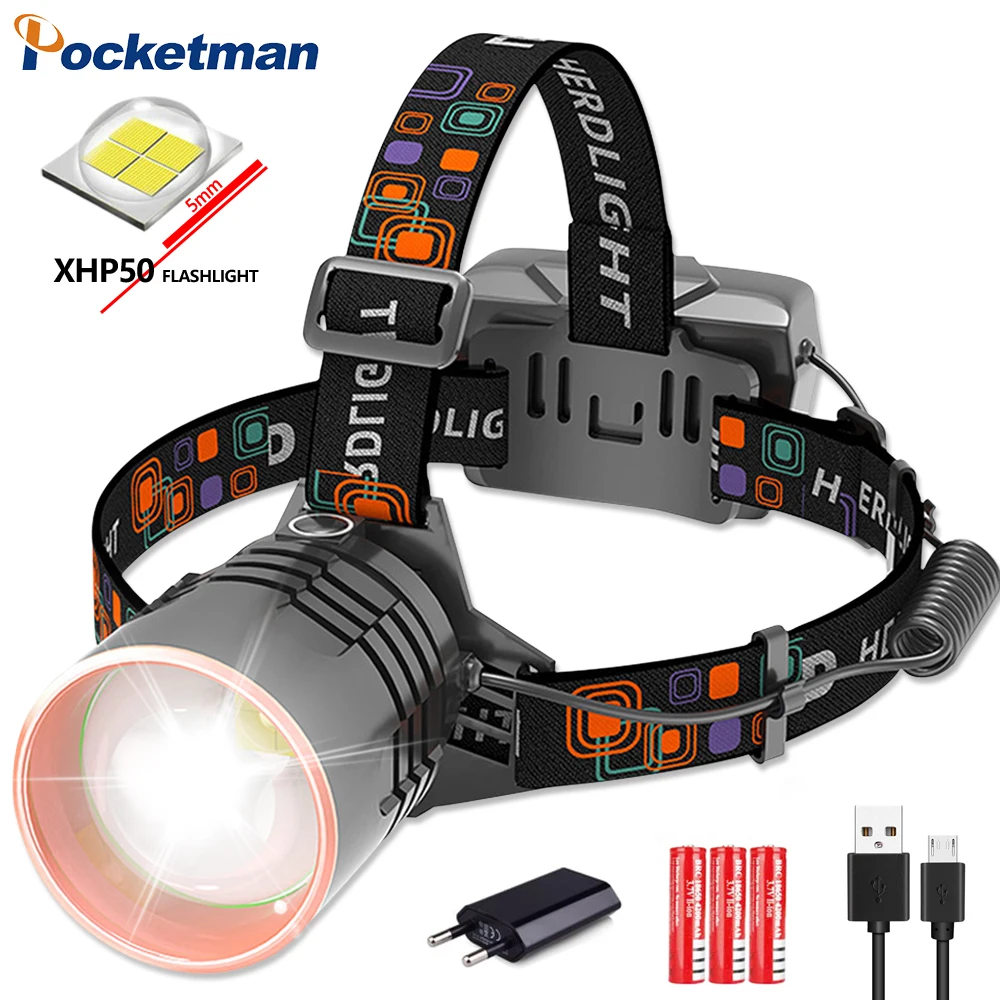 

Super bright XHP50 telescopic zoom headlamp USB rechargeable headlight 120° rotating head flashlight as power bank warning light