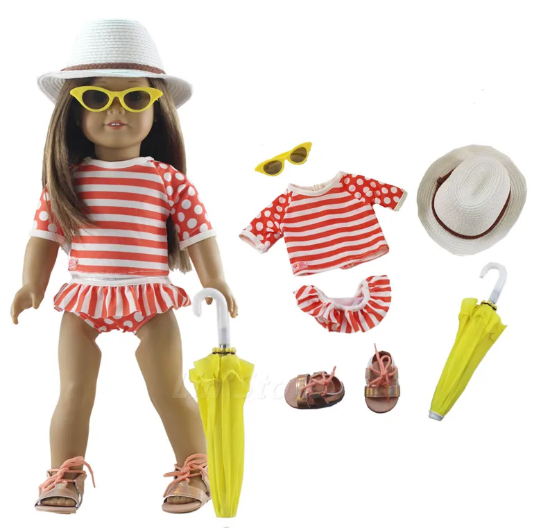

6 Pcs Set Doll Clothes Swimming suit+glasses+hat+umbrella+shoes for 18'' inch American Doll Clothes 43cm or 45 cm