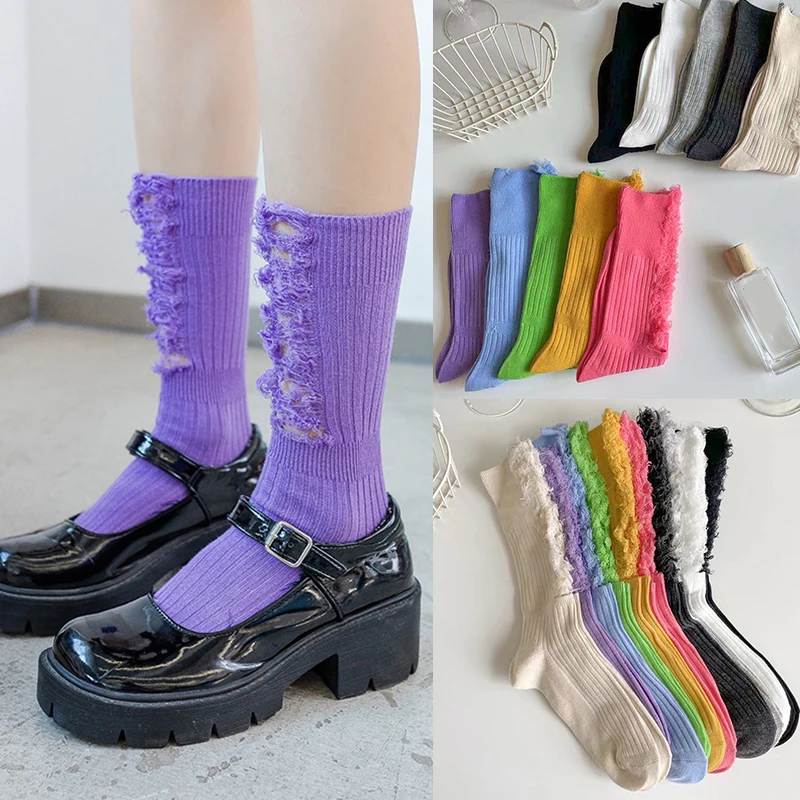 

2021 Ripped Socks Gothic Raw Hem Ribbed Female Broken Destroyed Socks Street Distressed Knit Footwear Beggar Socks