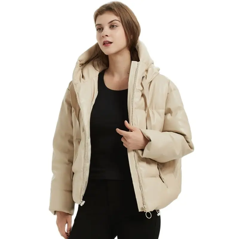 YDTOMM Padded Jacket Coat Long Sleeve Hooded Parka Coat Female Elegant Outerwear Tops Faux Leather Fashion Thick Warm PU Women enlarge