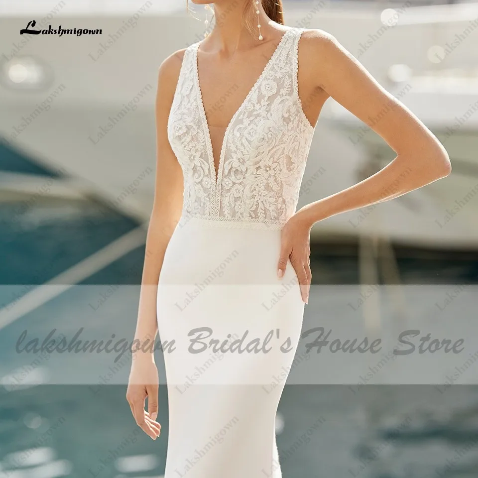 

Lakshmigown Robe Vintage Mermaid Satin Wedding Gowns 2021 Modest Mariage Boheme V-neck Bridal Dress Open Back Lace Appliques