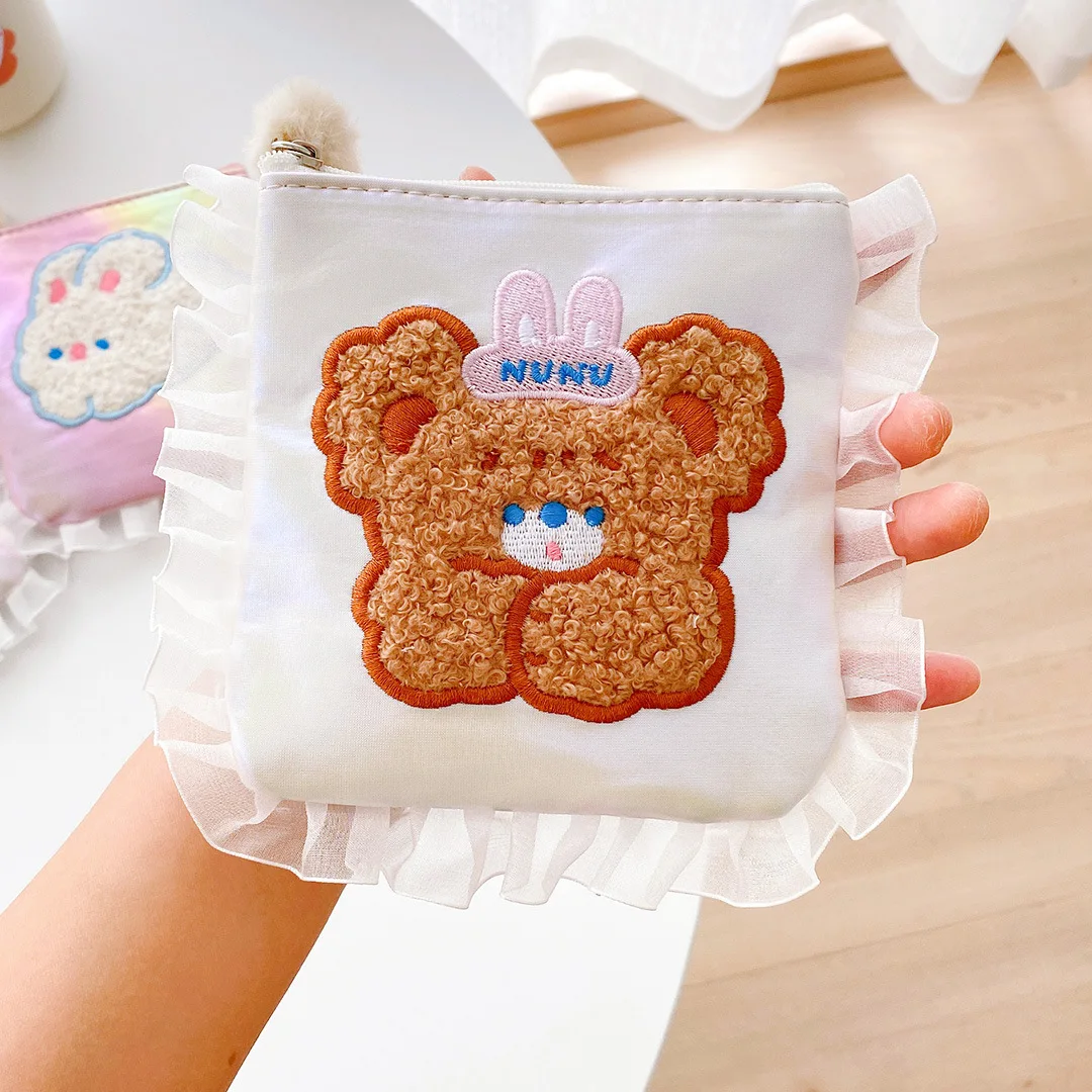 

W&G Milkjoy Lace Bear Sanitary Napkin Bag Japanese Cute Cartoon Sanitary Napkin Storage Bag Embroidered Auntie Towel Bag