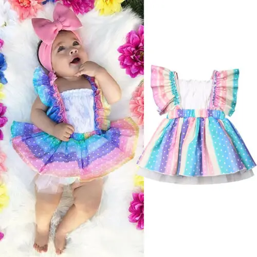 

2pcs Set Newborn Kid Baby Girl Clothes Sets White Vest Dot Print Rainbow Striped A-Line Romper Dress Outfits Set