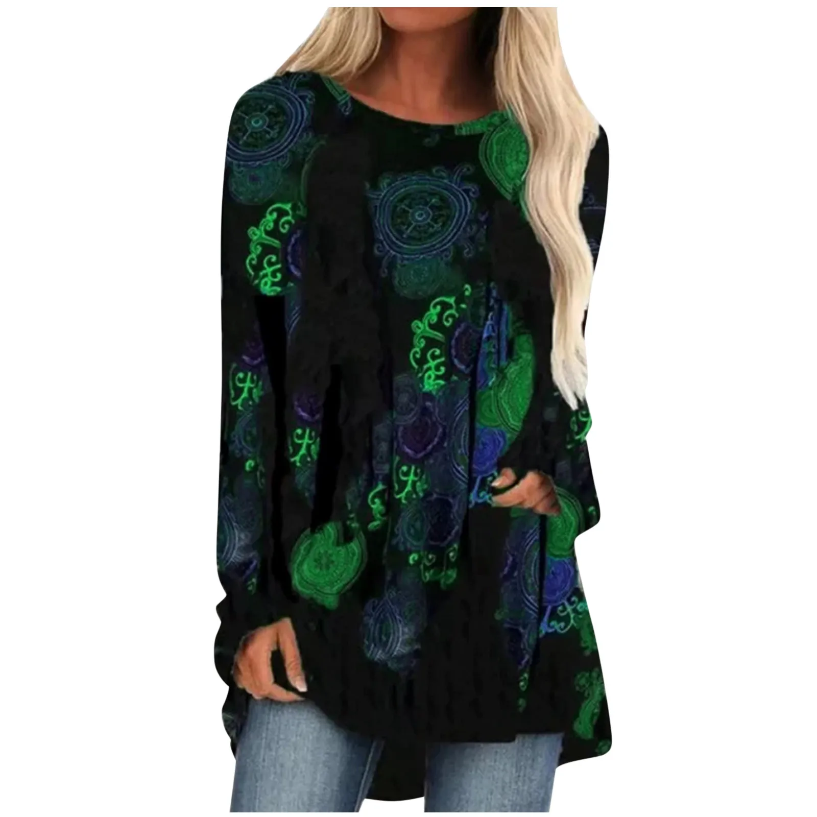 

Women Casual Retro Long Sleeve Irregular O-Neck Printed Loose Pullover T-shirt Green Abstract Art Printing Women Blouse Shirt