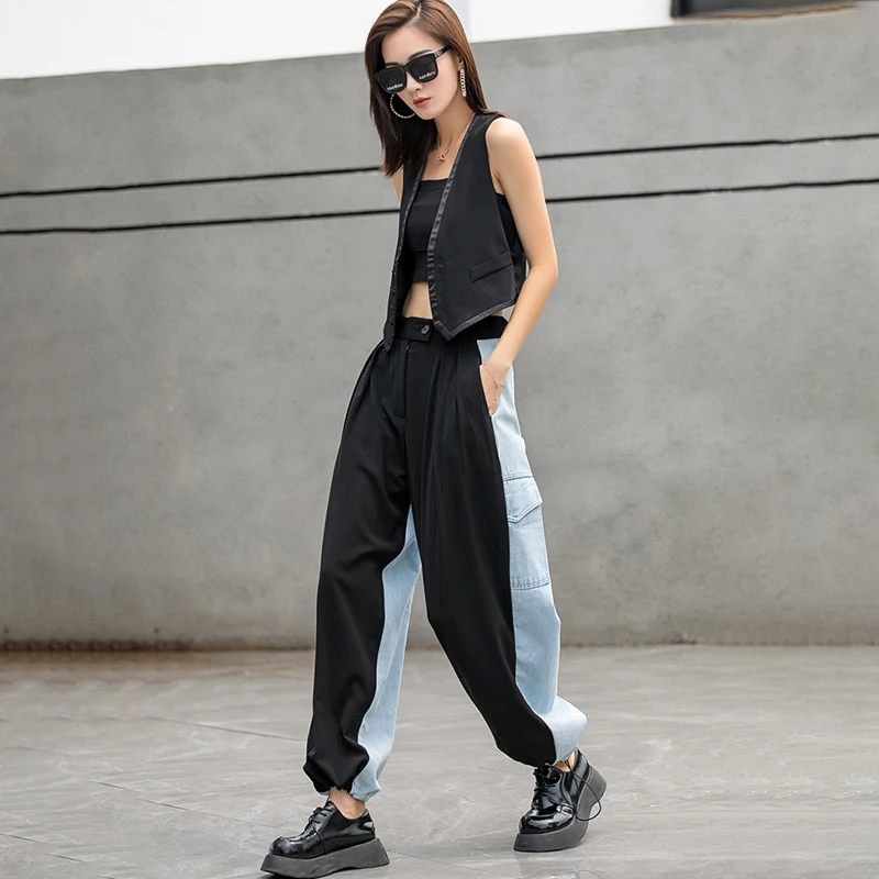 

IEQJ High Waist Contrast Color Wide-leg Denim Stitching Suit Fabric Casual Trousers New Loose Women Fashion Autumn 2021 3F1294