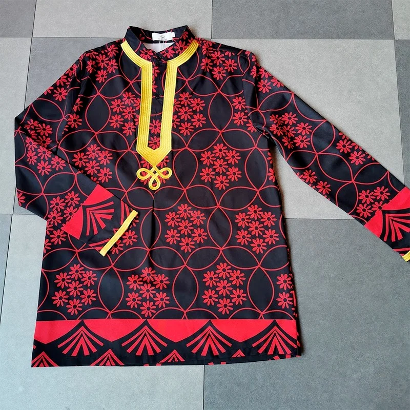 African Men's Dashiki Long Sleeve Plus Size Shirt Rich Floral Print Moslem Mens Slim Top Casual T-shirt Tradition Chilaba Man