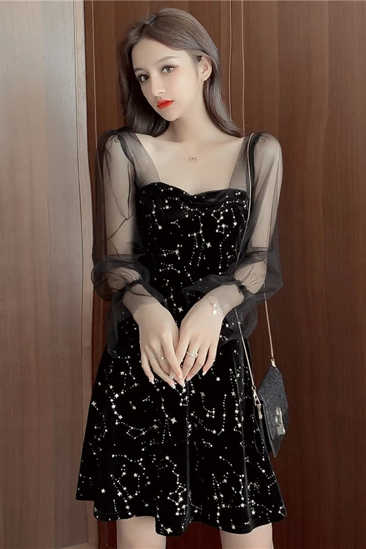 

COIGARSAM Sexy Patchwork Women one-piece dress korean New Spring Full Sleeve Mesh Dresses Black 9518
