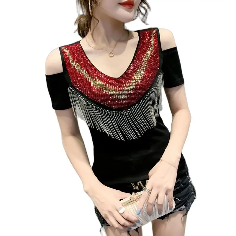 

Women's T-shirt Sexy Off Shoulder Top Street Pullovertops Piece Summer Fashion Tassel Sheet Metal Short Sleeve T-shirt Plus Size