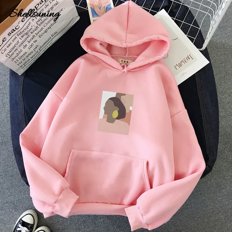 

Shellsuning Vintage Loose Sweatshirt Thick Plus Velvet Hoodies Sweatshirt Abstract Pattern Printing Ladies Hoody Streetwear