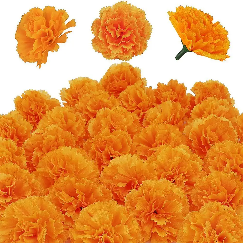 

30 Pcs Artificial Marigold Flowers Silk Cloth Marigolds Decoration Orange Carnation Flower for Indian Festival Backdrop Parties