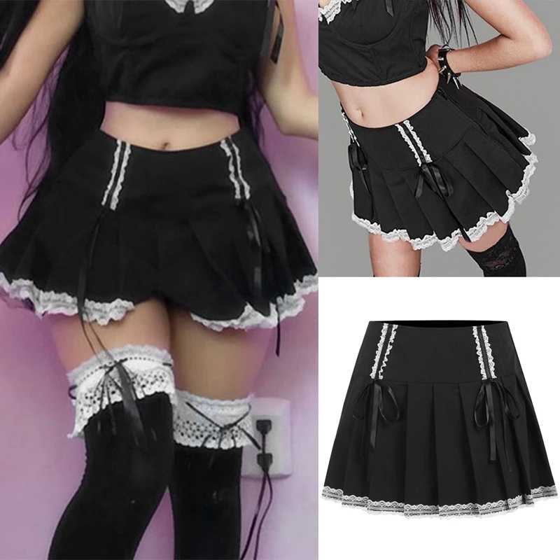 

Lace Gothic Grunge Black Women Mini Skirts Punk Harajuku Bandage Clothes Pleated Skirt Summer Party Clubwear
