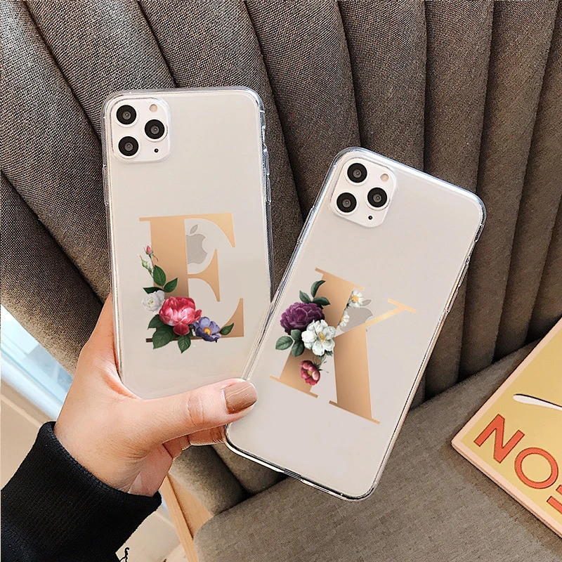 

Gold Letter Alphabet Florals Simple Transparent Phone Case For iPhone 11 Pro Max 11 Pro 7 8 Plus SE2 Soft TPU For iPhone XS Max