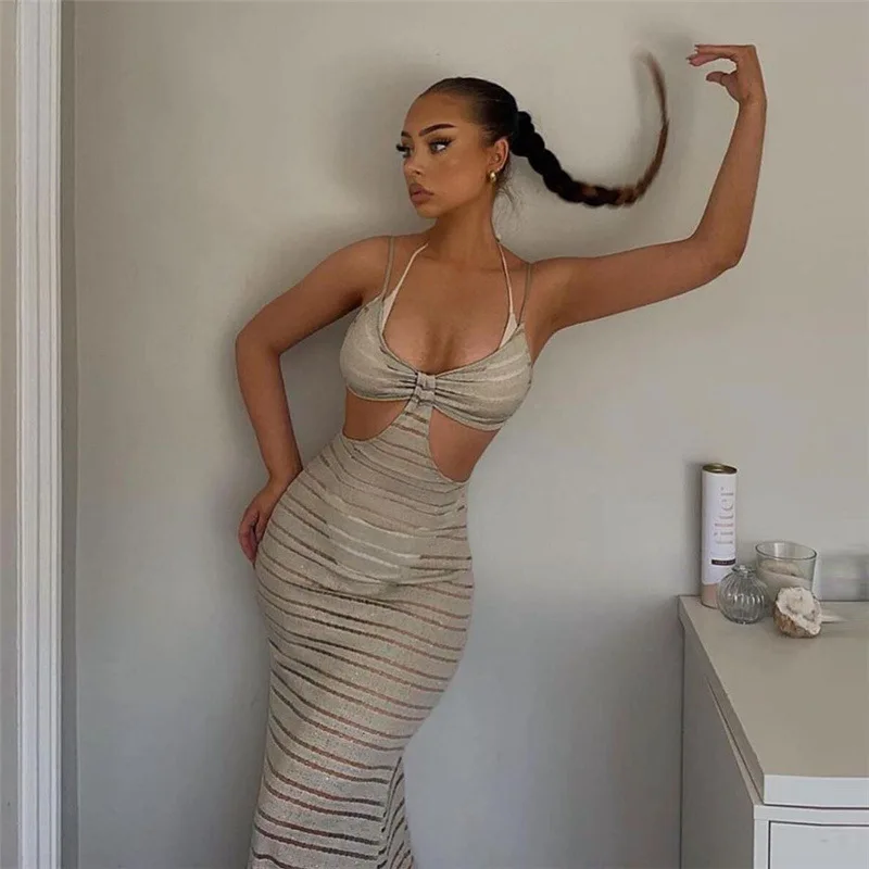 

CIBBAR Sexy Hollow Out See Through Long Dress Women Solid Sleevless Eelgant Party Dresses 2021 Skinny Casual Vacation Outfits