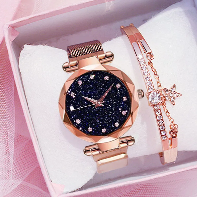 

Простые роскошные женские часы со стразами 2020, розовое золото со звездным небом, магнитный сетчатый ремешок, кварцевые наручные часы стразы...