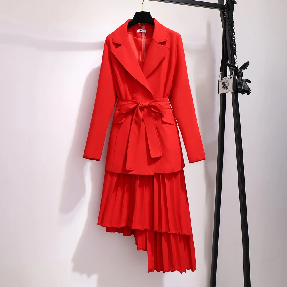 Красный 2XL~ 6XL Женский комплект из 2 предметов, многослойный костюм, Осень-зима, необычная юбка, костюм-двойка, блейзер с поясом и длинным рукавом, B717 - Цвет: Красный