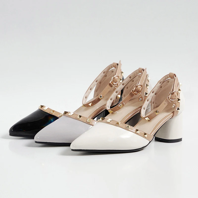 

Street casual style sexy pointed toe summer sandals fashion rivets ruffles belt buckle high heel chunky with women's shoes