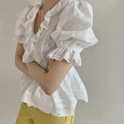 Женская кружевная блузка RUGOD белая с оборками из 100% хлопка в Корейском стиле 2019 |