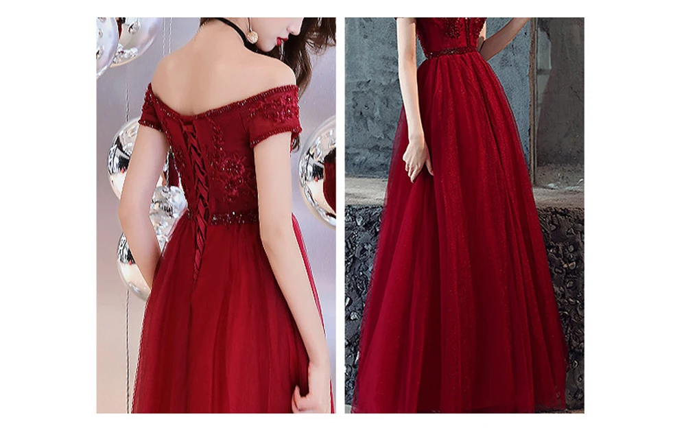 Винно красное тюлевое платье для выпускного вечера с открытыми плечами длинное