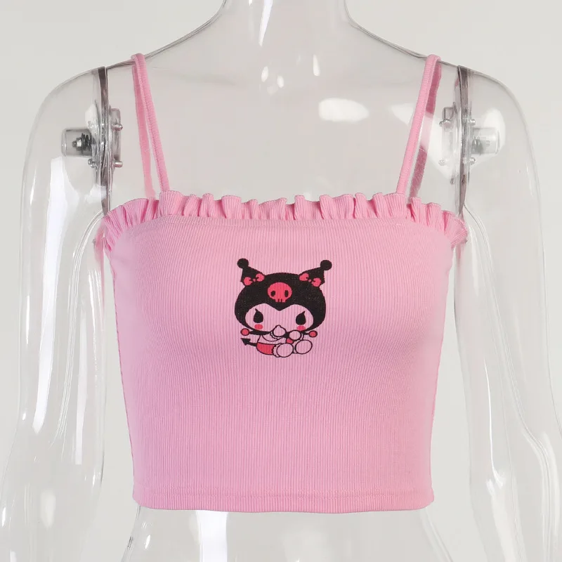 

Women's clothing, summer girls Cartoon anime sling top female pink flower collar backless slim