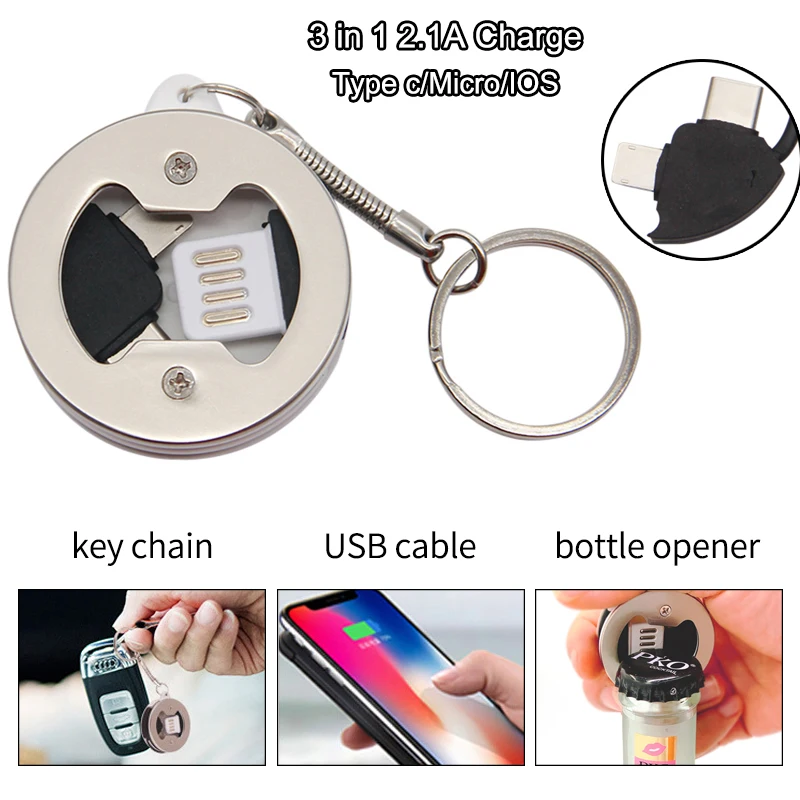 4 в 1 открывалка для бутылок USB кабель Micro usb type C освещения iPhone samsung HUAWEI 2.1A Брелок
