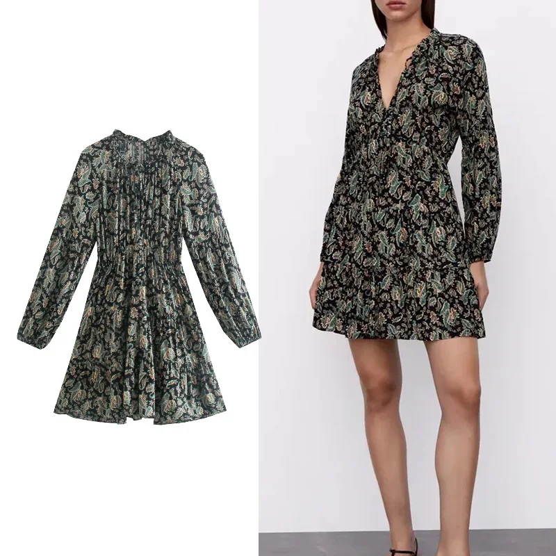 

Платье-мини женское летнее с длинным рукавом и принтом