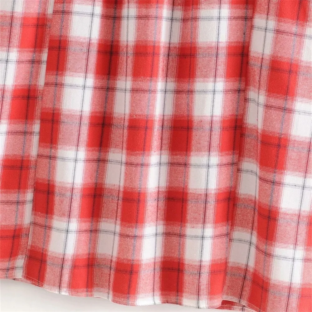 

2020 Women's New Spring Summer New Round Neck Five-point Sleeve Cotton Check Flare Mid-length Loose Dress