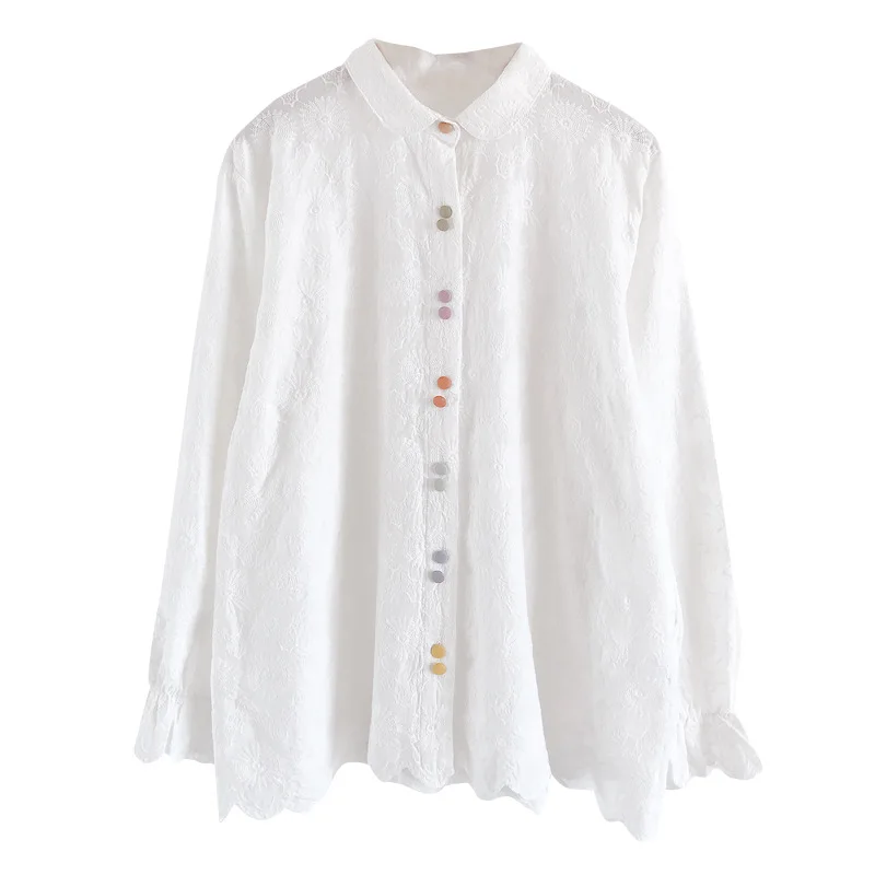 

2021 spring Boutique mori girl cute hollow out hook embroidery turn down collar cotton shirt women's top casual blouse