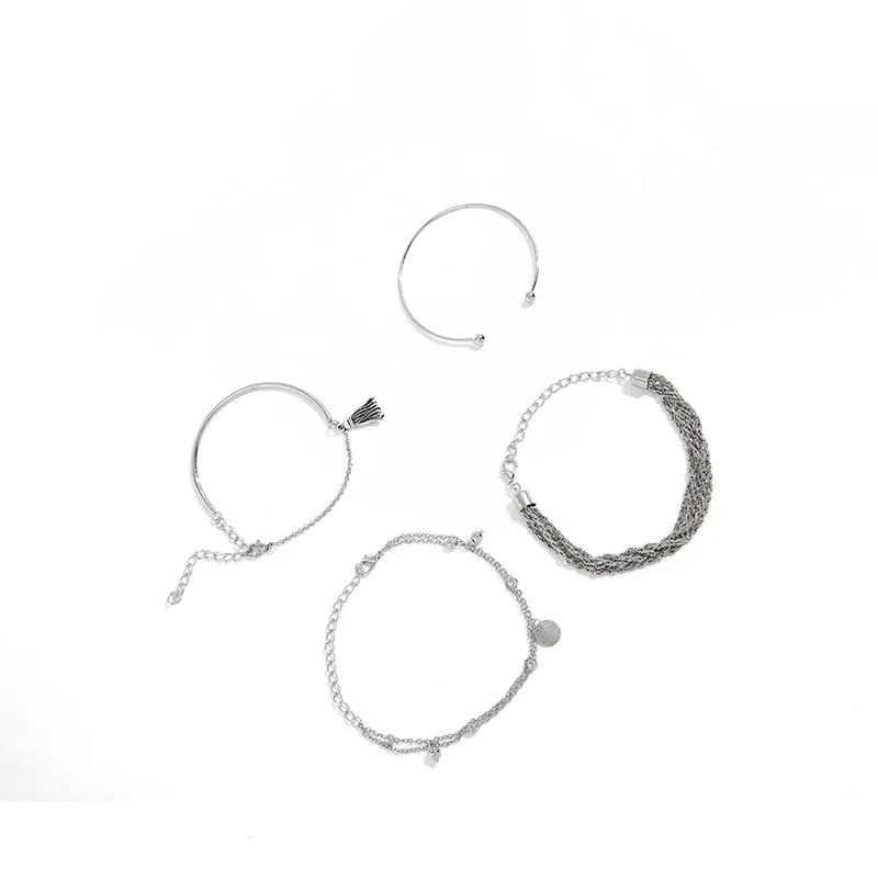 

4 Pcs/Set Bohemian Silver Color Tassel Round Bracelet Set for Women Multilayer Pendant Bracelet 2021 New Fashion Jewelry