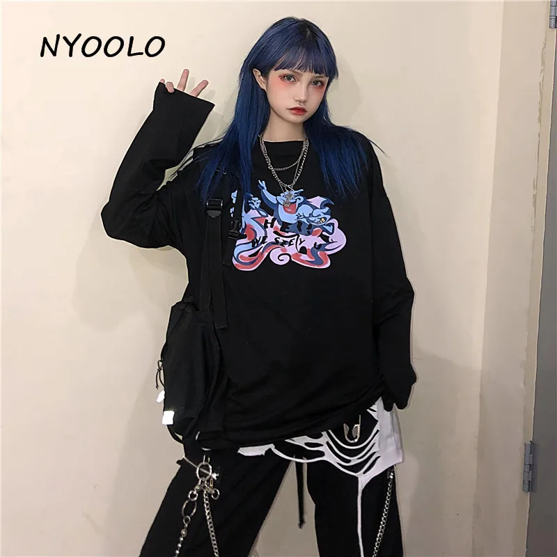 NYOOLO Harajuku стиль spoof мультфильм печати футболка осень уличная свободная o-образным вырезом с длинным рукавом Футболка женская мужская одежда Топ - Цвет: long style