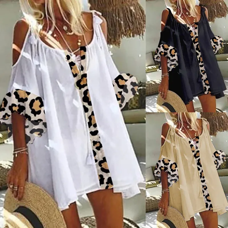 

Summer Women's Leopard Print Tops Casual Loose Off-shoulder Large Size Top T-shirt Fashion Trend Solid Color Midi Sleeve Tops