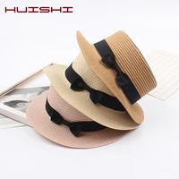 huishi hats for women straw colorful bowtie beige sun hat panama flat top straw parent child sunhat ladies girl beach summer cap