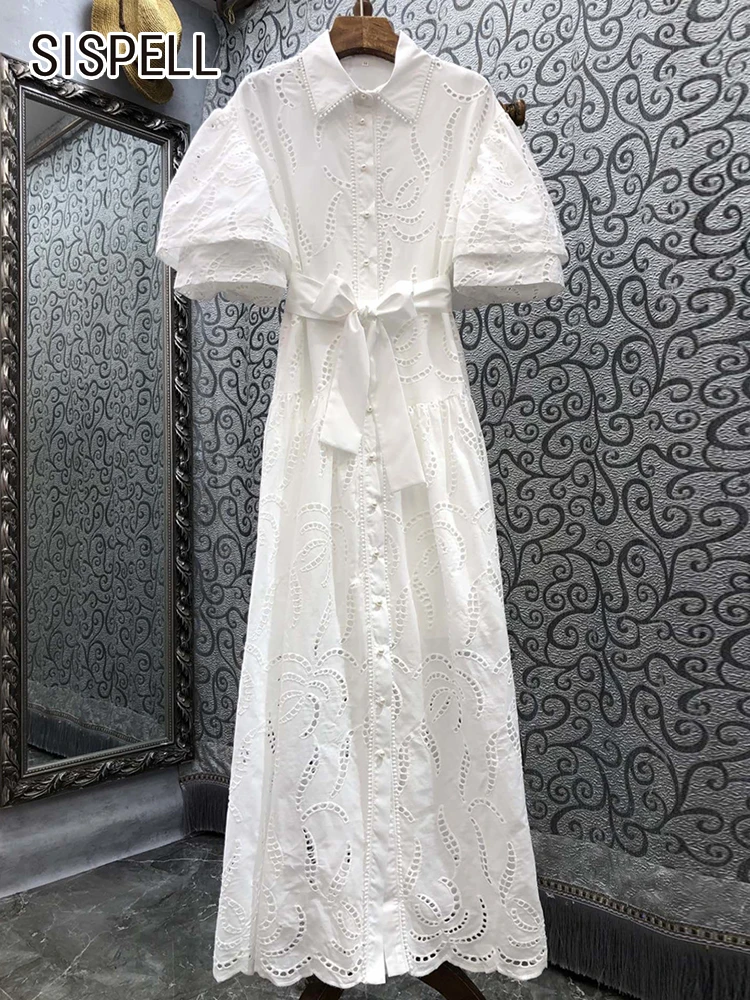 

SISPELL Solid Lace Up Dress For Women Lapel Short Sleeve High Waist Cut Out Minimalist Midi Dresses Female Fashion Clothing New