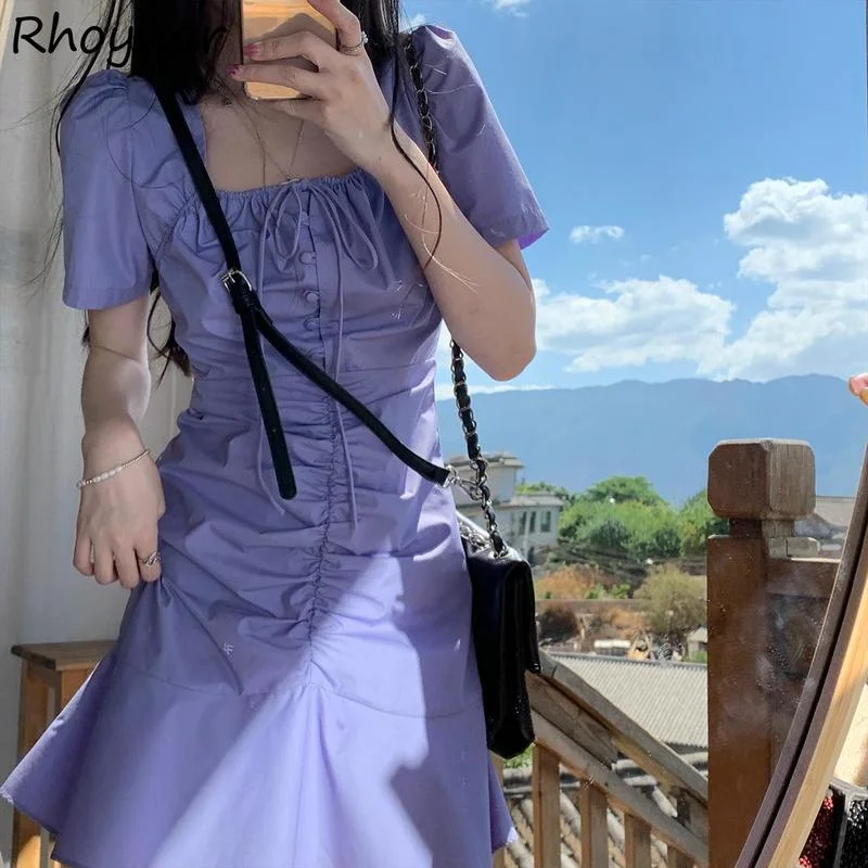 

Short Sleeve Dress Women Vacation Sweet Girlish Design Mini Shirring Summer Empire Mujer Vestido Square Collar Street Harajuku