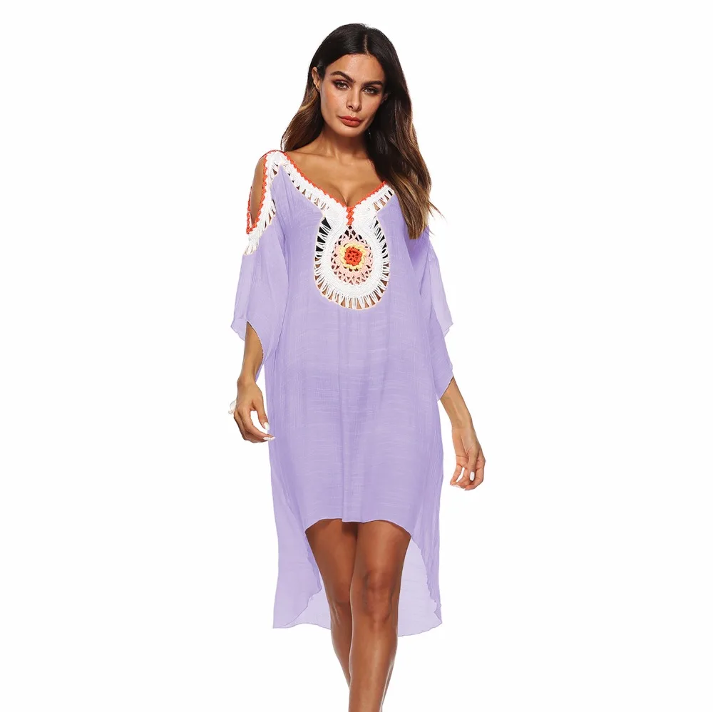 Женское летнее пляжное платье туника с глубоким V образным вырезом ажурное