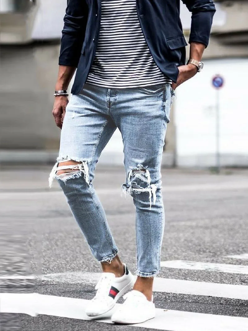 

New 2020 men's jeans new holes new men's trousers men's foot pants casual pants pencil pants