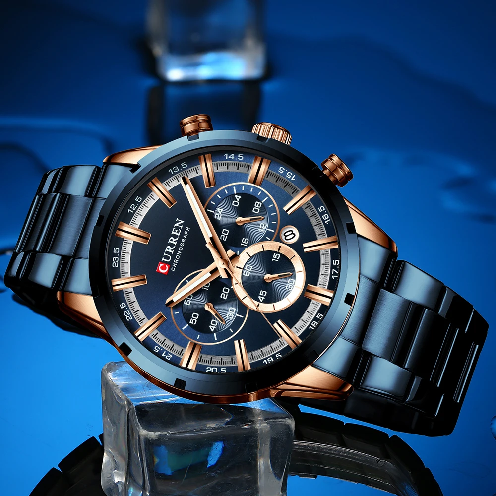 

CURREN Men Quartz Watch Chronograph Sports Waterproof Wristwatch Stainless Steel Man Luminous Calendar 24 hours Clocks Gifts