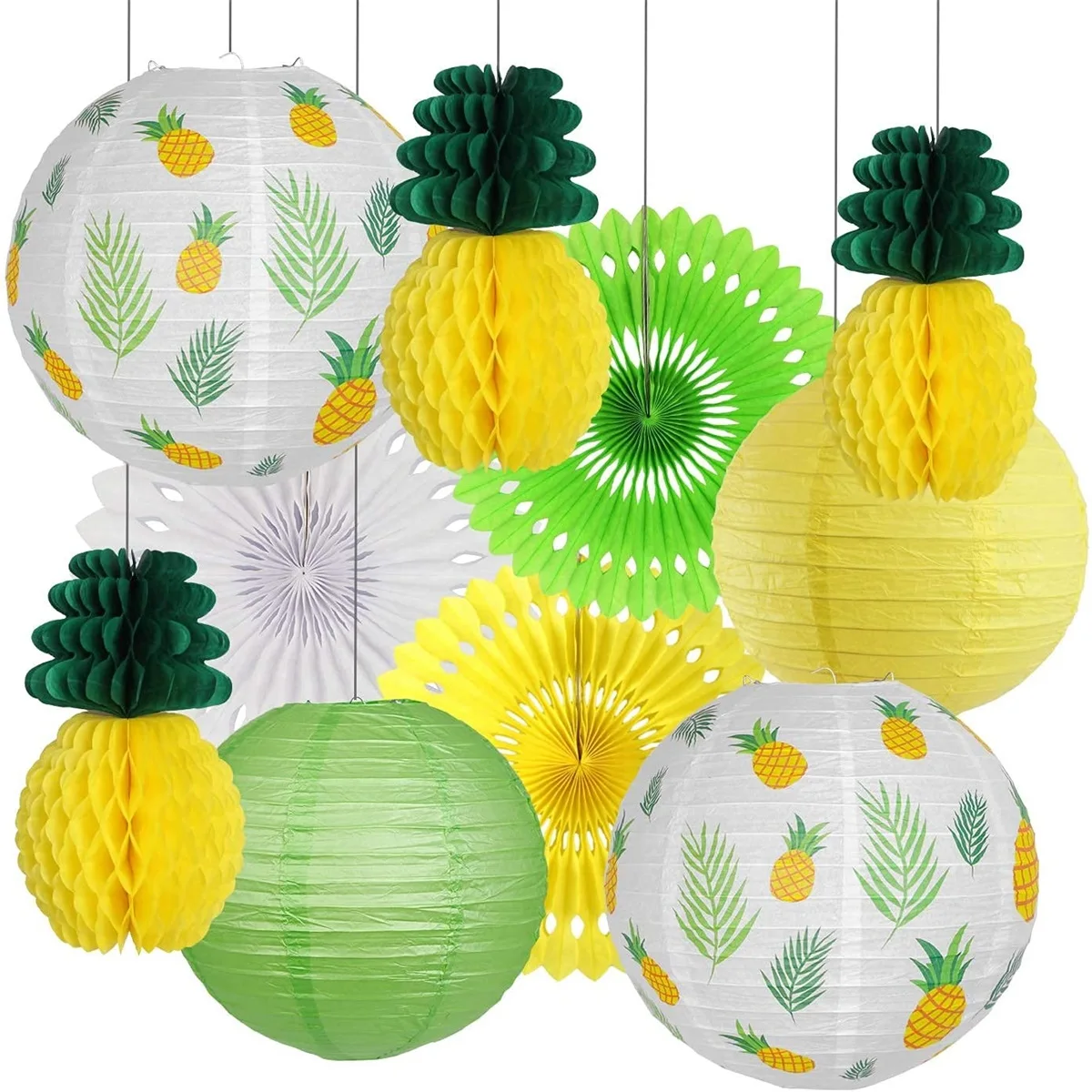 

10Pcs DIY Party Decoratives Tropical Leaves Hanging Lanterns Pineapple Honeycomb Balls Tissue Paper Fan Hawaiian Party Supplies