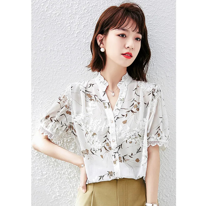 

Рубашка женская шифоновая с коротким рукавом, V-образным вырезом и оборками, лето 2021