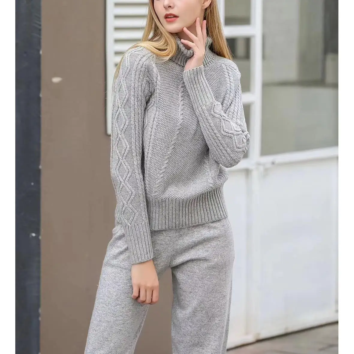 Winter Woolen Cashmere Knitted Warm Suit Turtleneck Sweater Pants Two-Piece Set Criss-Cross Loose Tracksuit Knit | Женская одежда