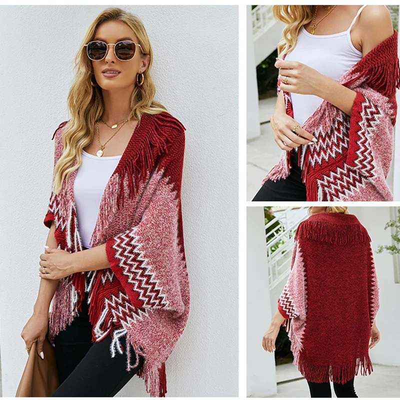 

Women's Cardigan Jacket Scarf 2021 Fall Winter New Knitted Cape Shawl Fringed Hem Color Block Sweater Women's Top
